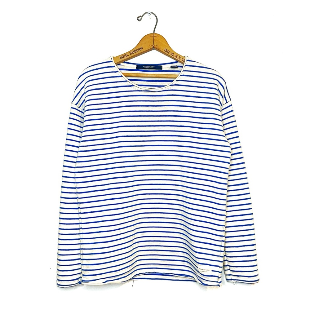 Scotch & Soda White and Blue Striped Crewneck Sweater
